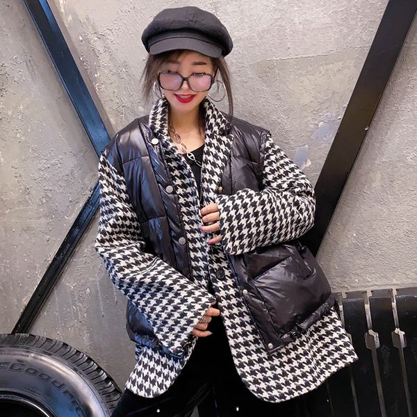 

houndstooth contrast thicken warm cotton jacket women winter new ties splicing fashion cotton clothing color matching my340, Black