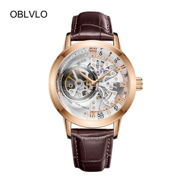 

oblvlo luxury casual watches rose gold tone genuine leather strap skeleton automatic watches for men vm 1 t200815, Slivery;brown