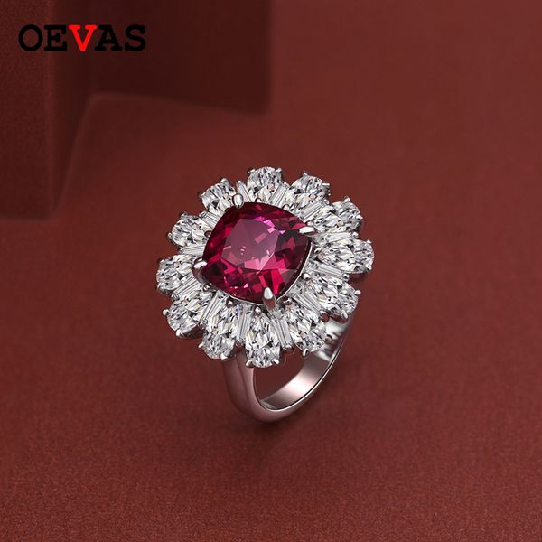 

oevas luxury 9x9mm ruby created moissanite gemstone rings for women solid 925 sterling silver wedding band engagement ring, Golden;silver
