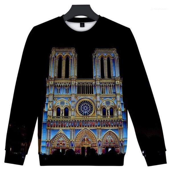 

sleeved sweatshirts fashion mens 3d designer hoodies notre dame de paris o-neck pullovers long, Black