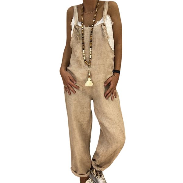 

Womens Plus Size Cotton Linen Straight Jumpsuits Female Casual Loose Bib Pants 2019 Spring Sleeveless Overalls Trousers