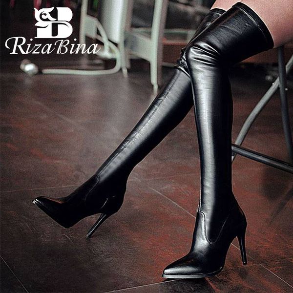 

rizabina real leather women over the knee boots pointed toe thin high heel shoes autumn winter warm shoes women size 33-42, Black
