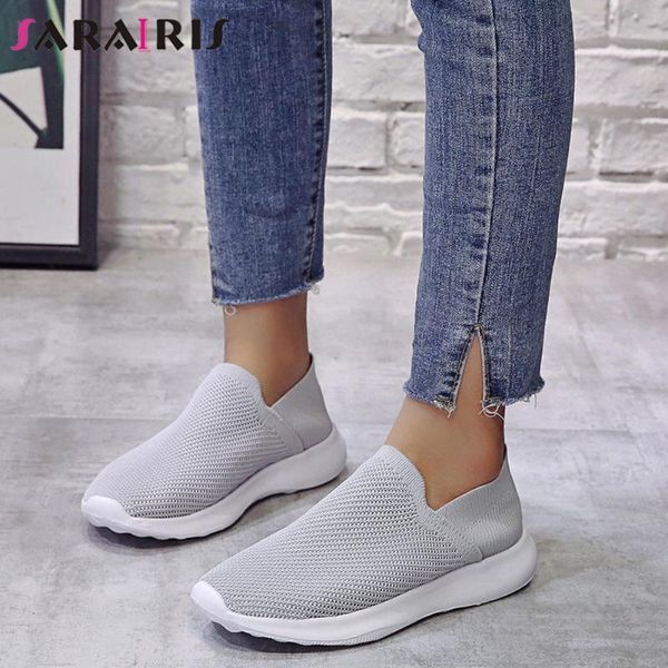 

sarairis fashion female slip on round toe casual office breathable solid sneakers flats women knitting sock shoes woman, Black