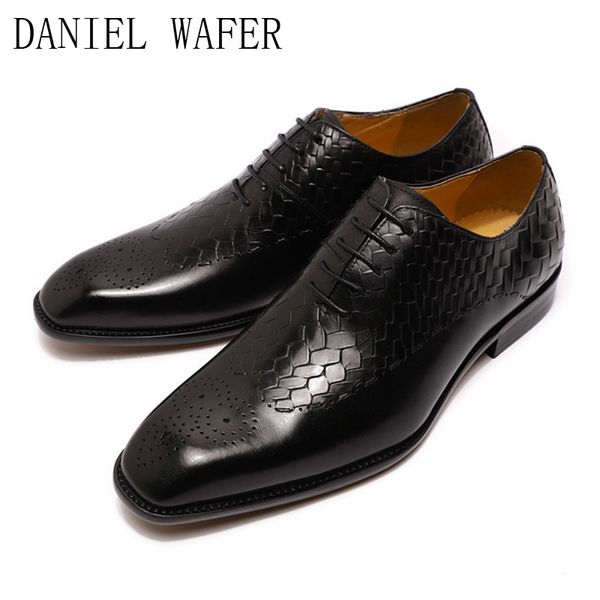 

selling fashion design plaid print luxury formal dress shoes genuine leather lace up party wedding office business men brand, Black