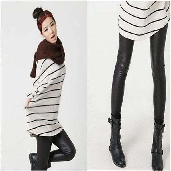 

women pants trousers slim shiny fitness faux leather legging drop shipping good quality, Black