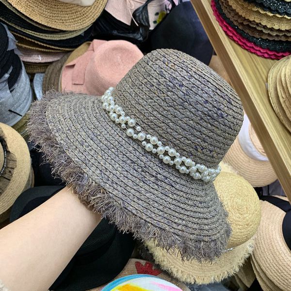 

202004-yy113 new summer raffia grass pearl ribbon holiday lady bucket cap women leisure beach sun hat, Blue;gray