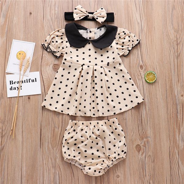 

baby clothes newborn infant outfits suits fashion dot printed short sleeve pleated +pp pants+hairbands 3pcs sets outfits toddler clothes, White
