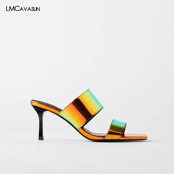 

lmcavasun summer women shoes women casual fashion patent leather shine stiletto high heel mules shoes sandals, Black