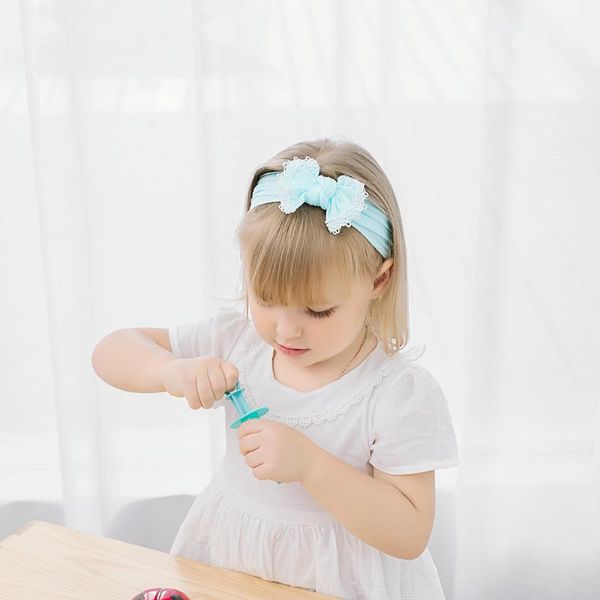 

hair accessories kid lace bow knot headband knitted solid cotton child girls band turban cute style headwear kids bandeau, Slivery;white