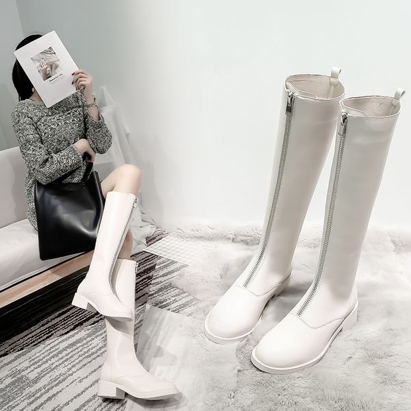 

revt женских сапог горячей продажи женского передней молния boots 4см каблук высокого rider длинное колено черных белая кожаные туфли 33-43, Black