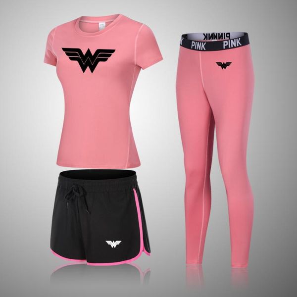 

3pcs yoga set women fitness short sleeve yoga sport gym leggings pants fitness suit workout clothes training tights, White;red