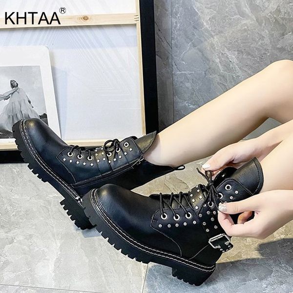 

women rivet cool mid calf boots lace up ladies buckle strap boots platform shoes female footwear 2020 sewing zip fashion, Black