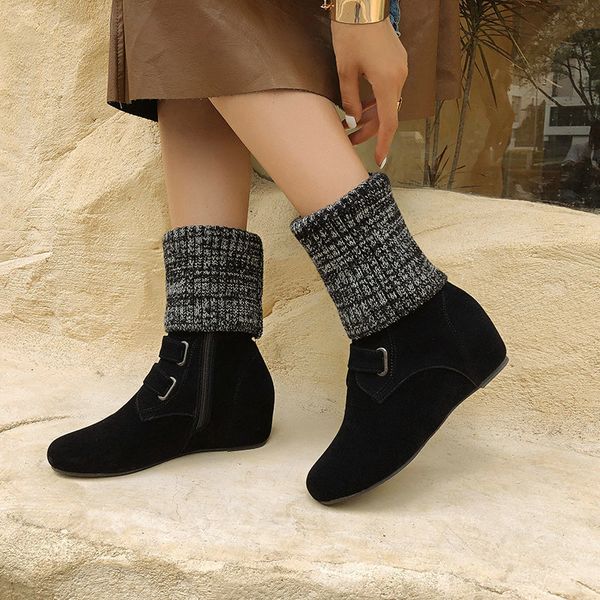 

round toe boots women new 2020 sock shoes winter footwear booties ladies platform stockings ankle rubber wedge, Black