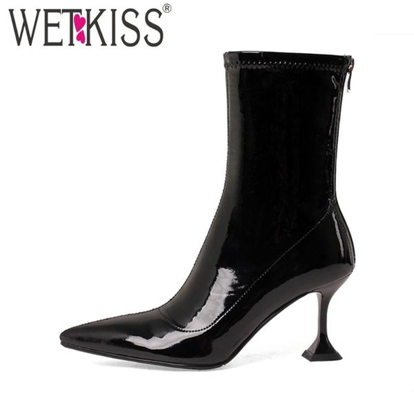 

ботильоны лакированные стилет каблук мода острым носом wetkiss женские zipper партии свадебные сапоги, Black