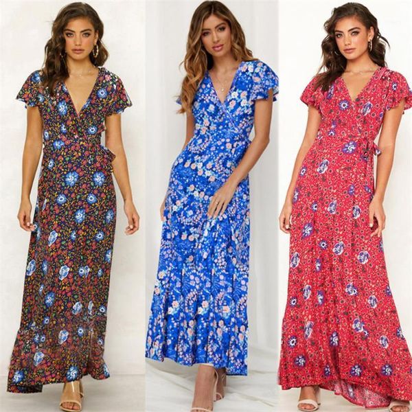 

beach dress summer women v-neck casual floral designer clothes dresses boho maxi long, Black;gray