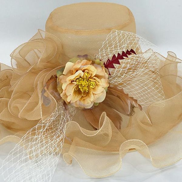 

women mesh veil sun hat ruffles artificial flower feather large wide brim party wedding fascinator cap x7xc, Blue;gray