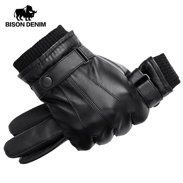 

bison denim men genuine sheepskin leather gloves autumn winter warm touch screen full finger black gloves s019 t200819, Blue;gray