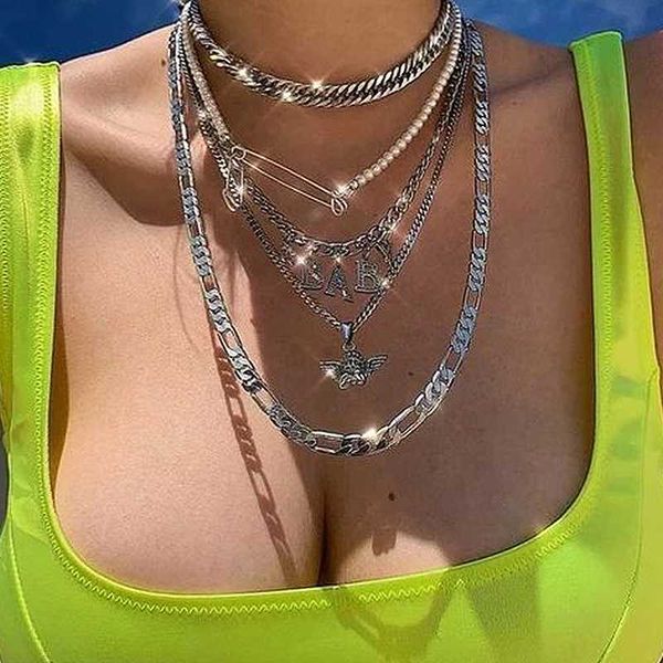 

5pcs/set women necklaces set classic angel pin letter black crystal pearl clavicle chain silver color necklace party jewelry
