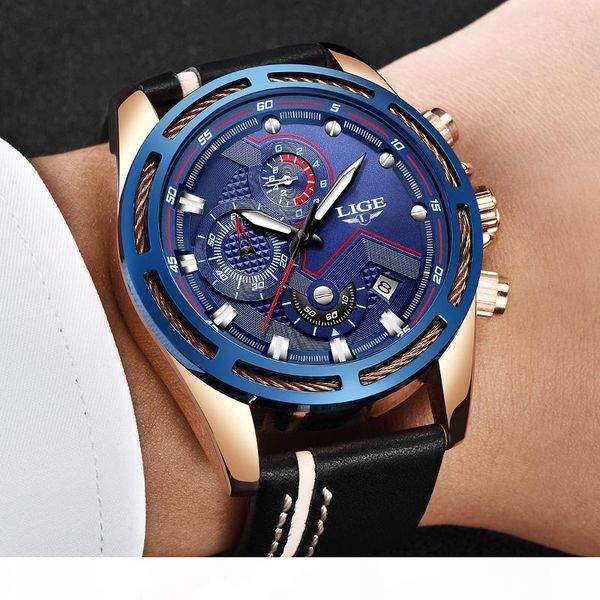 

lige fashion leather sport quartz man watches chronograph wrist watches men army style clock male relogio masculino+box, Slivery;brown