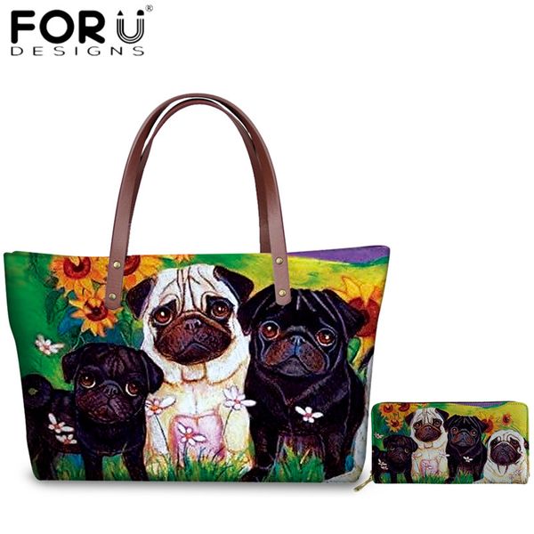 

forudesigns pug dog painting design cute shoulder bags for youth girls durable travel handbags women leisure office tote bags