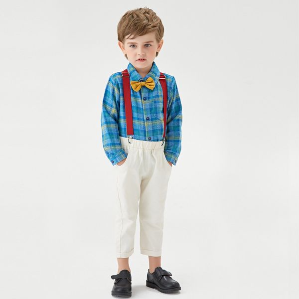 Outono infantil e terno de inverno casual manga longa camisa xadrez xadrez cavalheiro Sling de uma peça Calças infantis, conjunto de duas peças do menino