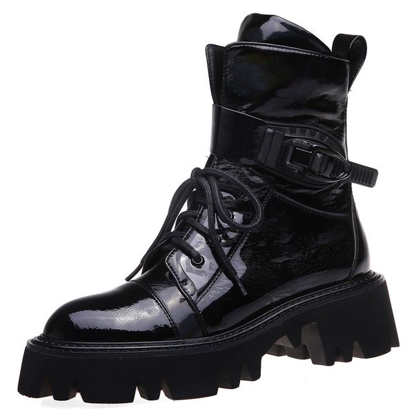 

latest model women short boots autumn winter punk genuine leather ankle boots zipper cross-tied riding high heels shoes, Black