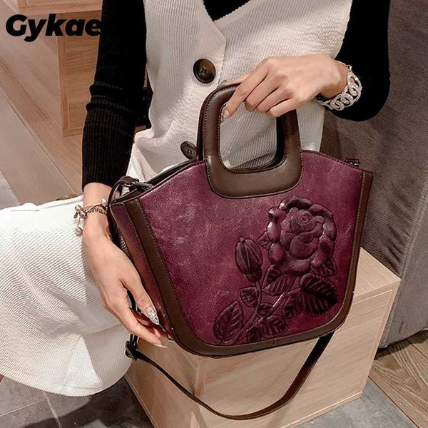 

gykaeo fashion women handbag casual tote 2020 summer retro leather rose embossing bag elegant lady shoulder bags