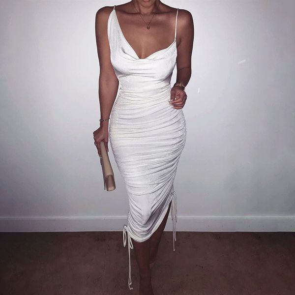 

drawstring adjustable asymmetric ruched dress female summer draped v neck backless lace-up party bodycon long dress sheath, Black;gray