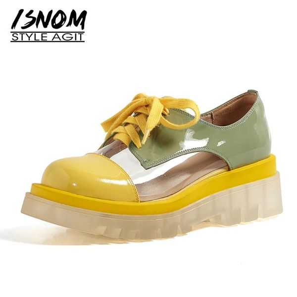 

isnom fashion patent leather pvc shoes woman transparent outsole flats women lace up wedges shoes clear platform flats ladies, Black