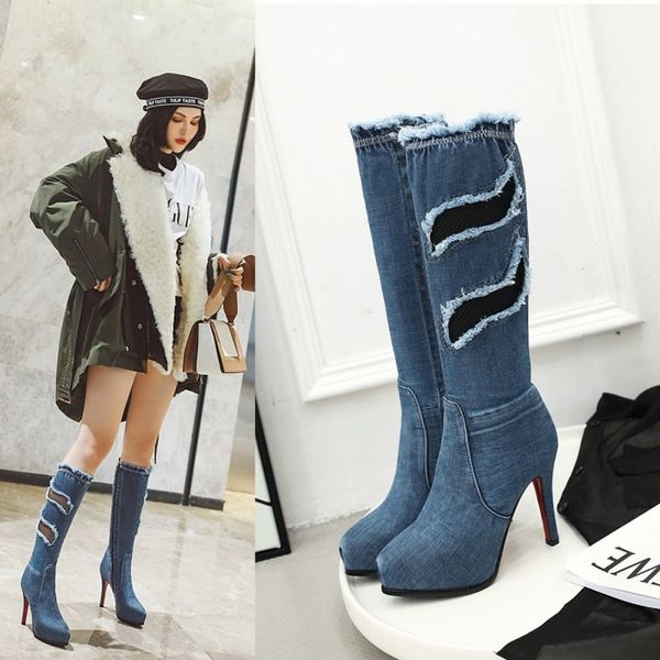 

us4-11 womens platform denim jeans net ripped knee the thigh high boots stilettos heels side zip shoes black blue plus size f25
