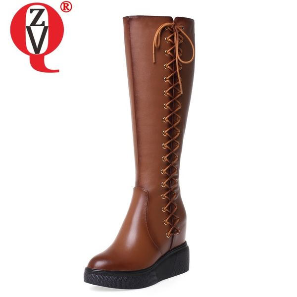 

zvq winter new fashion knee high boots outside comfortable round toe handmade genuine leather zip women shoes drop shipping, Black