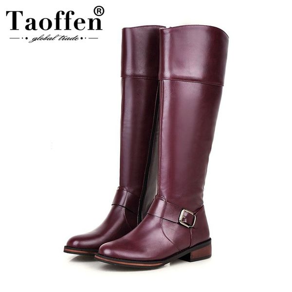 

taoffen new winter women knee high boots side zipper buckle flats shoes keep warm round toe women knight boots size 32-43, Black