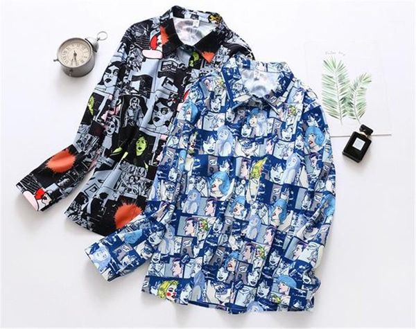 

shirts fashion print panelled natural color shirts long sleeve casual lapel neck shirts catoon print designer womens, White