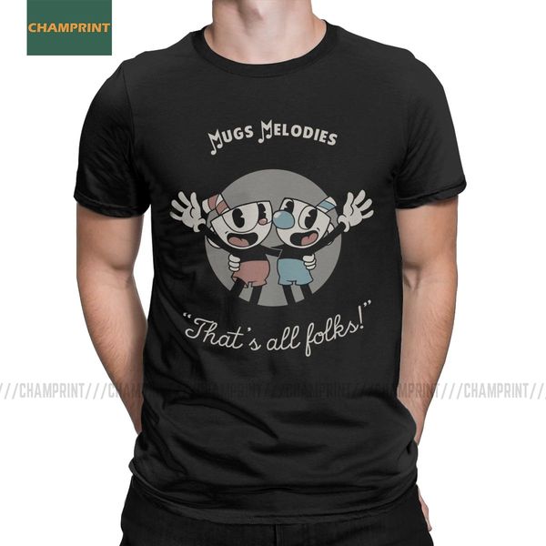 

mugs melodies cuphead t shirts men 100% cotton t-shirt game mugman cup mouse cartoon animation gamer tees short sleeve plus size