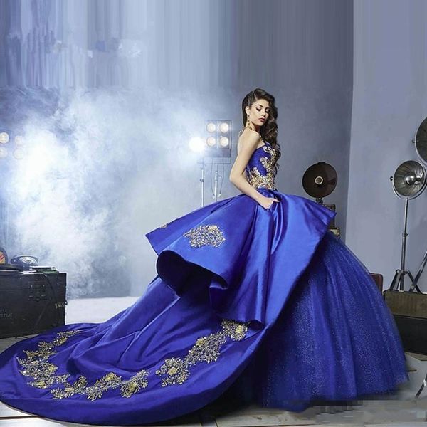 

Royal Blue and Gold Lace Quinceanera Dress Ball Gown Strapless Appliques Luxury Graduation Prom Debutante Dress Custom Size