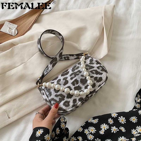 

2020 new trendy leopard pattern underarm baguette bag women designer pearl handle armpit bag lady pu leather small print handbag