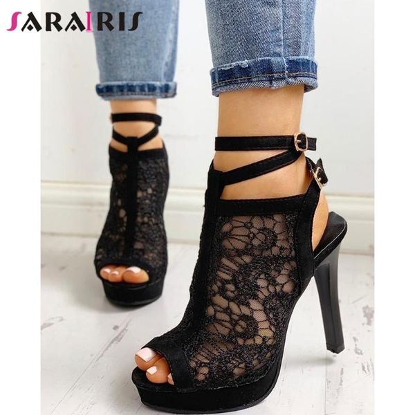 

sarairis new elegant ins mesh sandals summer party platform sandals women fashion high thin heels shoes woman, Black