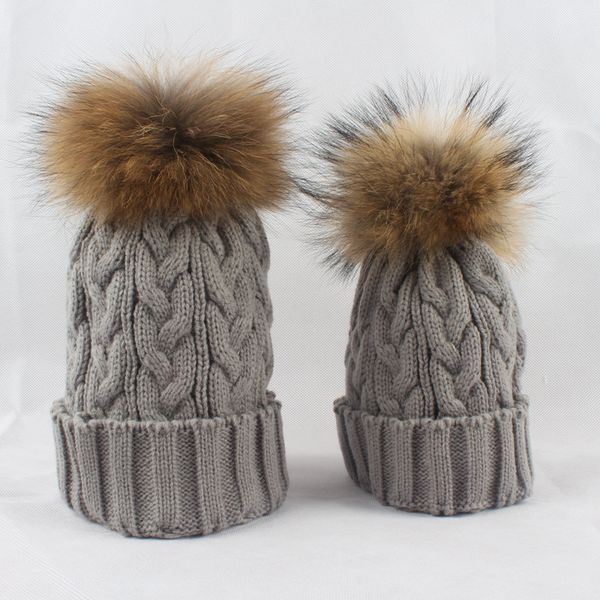 

parent-child mother and child twist braid knitting winter warm hats with raccoon fur ball thick female caps wholesale, Slivery;white