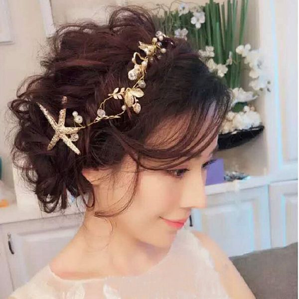 

elegant starfish star hairpins the bridal hair accessories handmade headband bride handmade tiaras soft pearl hair jewelry, Golden;silver