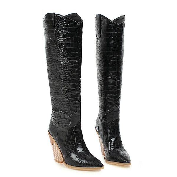 

sgesvier women boots faux leather knee high boots wedges western pointed high heel long autumn winter cowgirl, Black