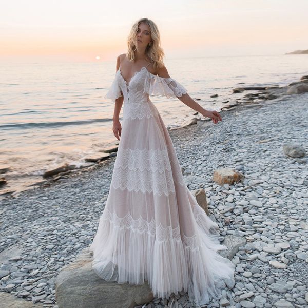 

new straps bohemian boho beach wedding dresses nude champagne off the shoulder bridal dresses vestidos de renda, White