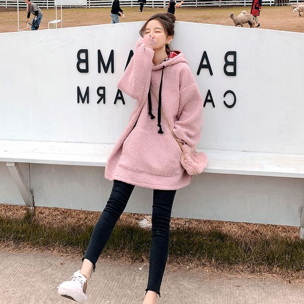 

women's hoodies & sweatshirts 2021 autumn winter korean-style loose-fit hooded large pocket casual versatile students lambs wool hoodie, Black