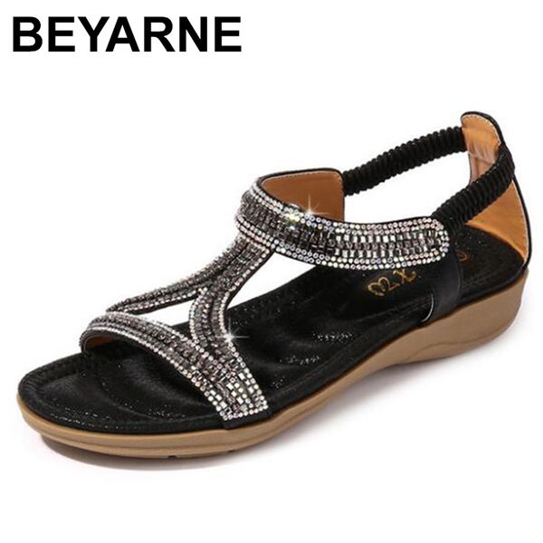 

beyarne sandals women hollow triangle rhinestones soft bottom sandals flat shoes wedges women casual fashion 36-42, Black