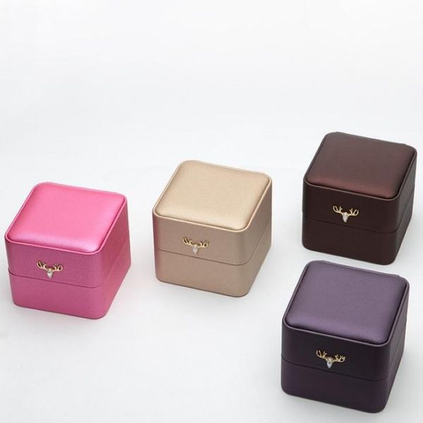 

new small moose with rounded corners led jewelry packaging box ring pendant box in wire drawing pu leather can custom logo, Pink;blue