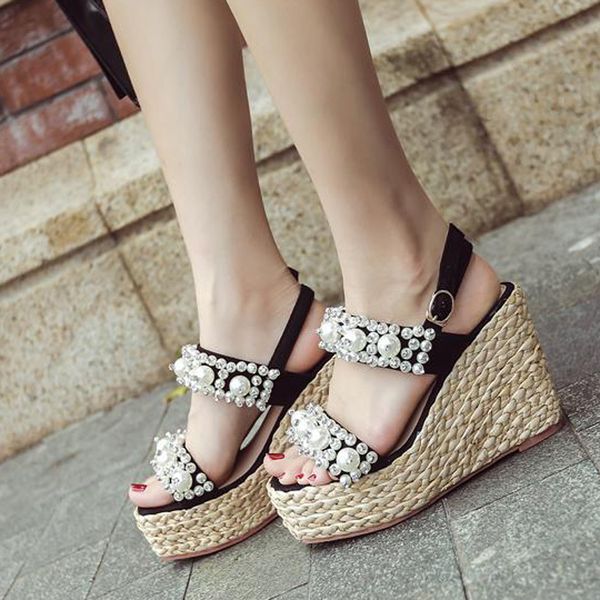 

sandals 2021 summer fashion sponge wedge heel handmade pearl waterproof platform high women's shoes, Black