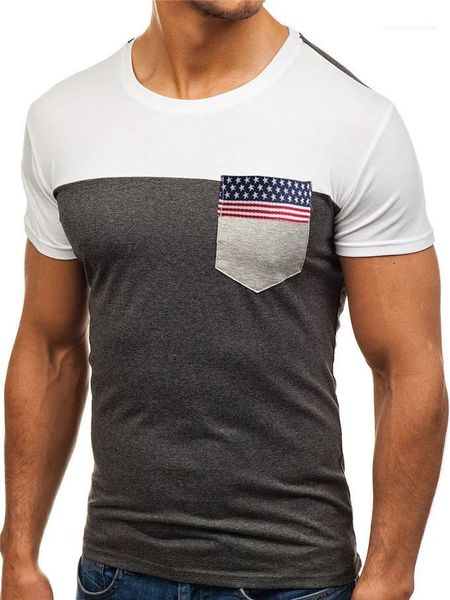 

summer round neck short sleeve mens causal breathable tees flag ribbon pocket mens tshirts fashion, White;black
