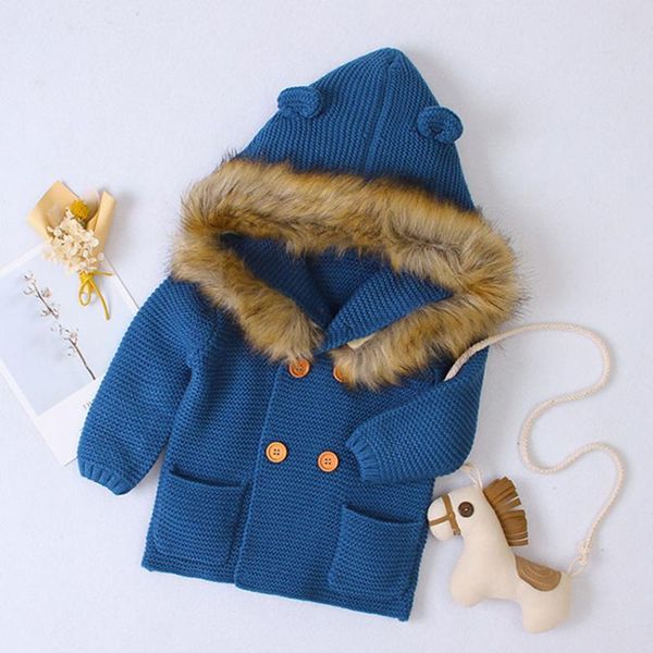 

benemaker infant children cardigan for girl boy fur collar hooded jacket knitted sweater coat baby school autumn clothing na029, Blue;gray