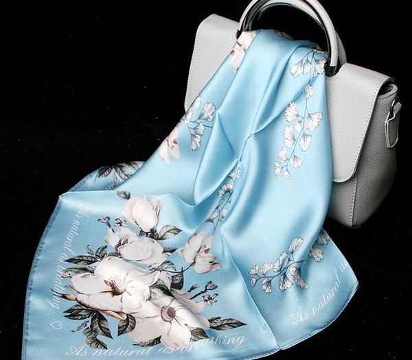 

100% silk scarf women fashion luxury flower print small kerchief scarves handkerchief for stylish lady girl accessories 53x53cm, Blue;gray