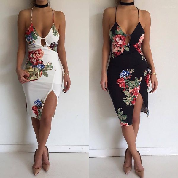 

waist bodycon party dress women spaghetti strap dresses backless flower pattern slim split pencil pants summer ladies high, White;black