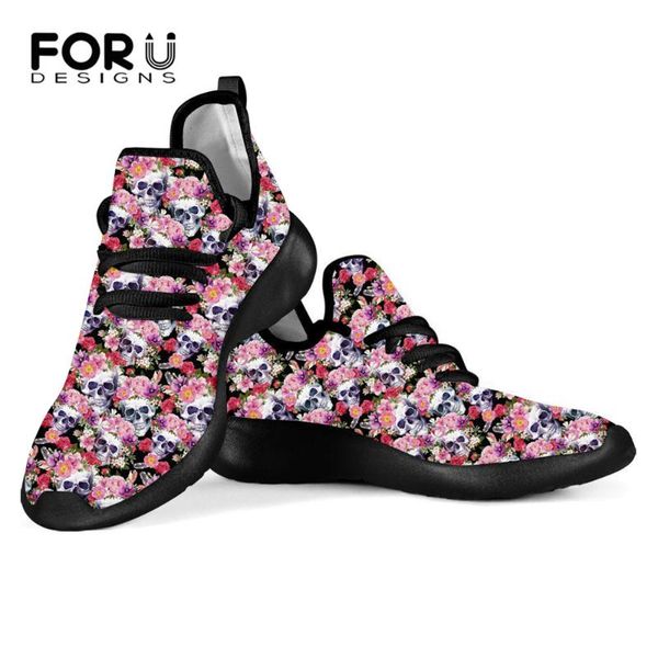 

forudesigns rose floral skull ladies mesh breathable flats shoes spring comfortable knitting sneakers female lace up footwear, Black